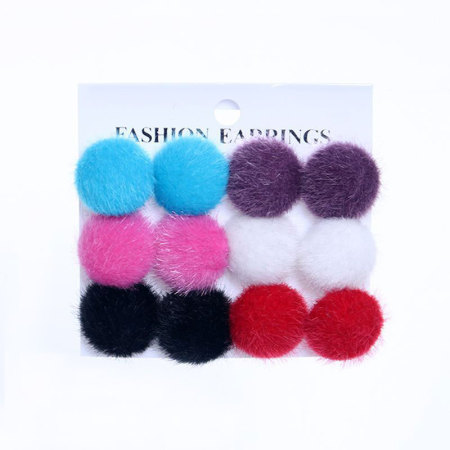Ear Post Stud Earrings Mixed Pom Pom Ball 25mm(1") Dia., 1 Set ( 6 Pairs/Set)