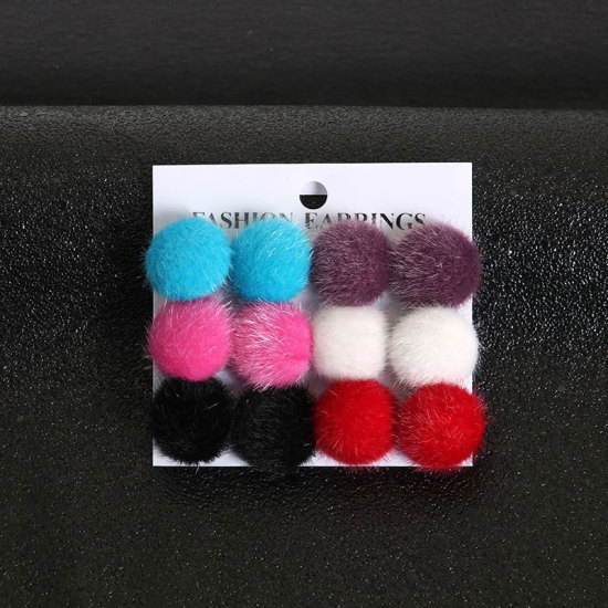 Bild von Ohrring Ohrstecker Mix Farben Pompon Ball 25mm D., 1 Set ( 6 Paare/Set)