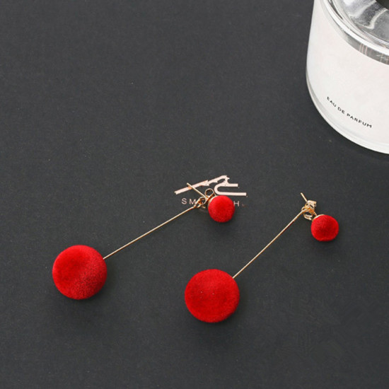 Picture of Ear Jacket Stud Earrings Red Pom Pom Ball 68mm x 16mm, 1 Pair