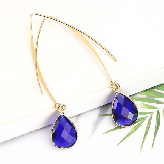 Picture of Copper Earrings Blue Drop Imitation Crystal 60mm x 11mm, 1 Pair