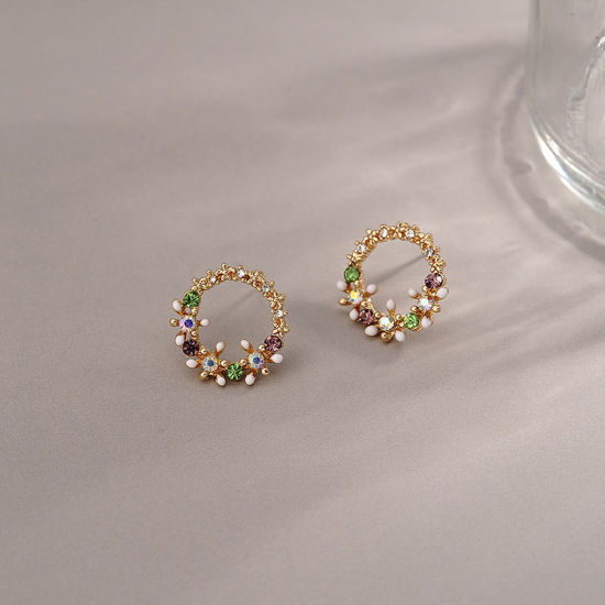 Picture of Zinc Based Alloy & Sterling Silver Ear Post Stud Earrings Multicolor Round Flower 1 Pair
