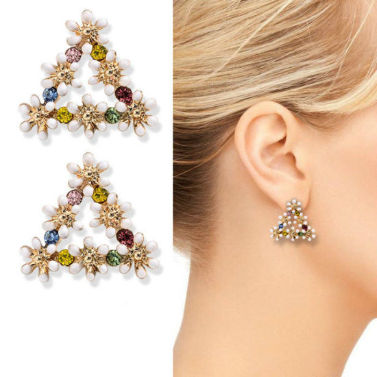 Picture of Zinc Based Alloy & Sterling Silver Ear Post Stud Earrings Multicolor Round Flower 1 Pair