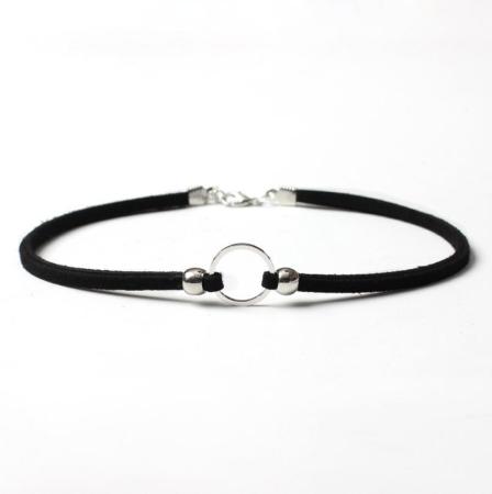 Picture of 1 Piece Velvet Ins Style Choker Necklace Silver Color Black Circle Ring 32cm(12.6") long