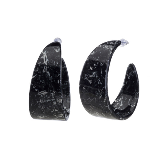 Picture of Acetic Acid Resin Acetimar Marble Hoop Earrings Black 4.6cm(1 6/8") x 2cm( 6/8"), 1 Pair
