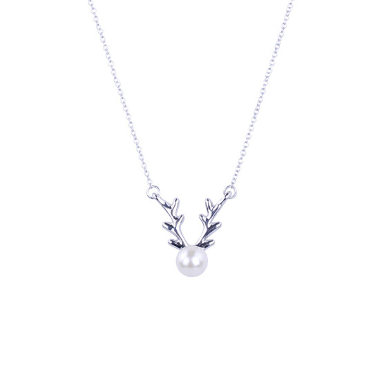 Picture of Necklace Silver Tone Christmas Reindeer Deer Horn/ Antler White Acrylic Imitation Pearl 60cm(23 5/8") long, 1 Piece