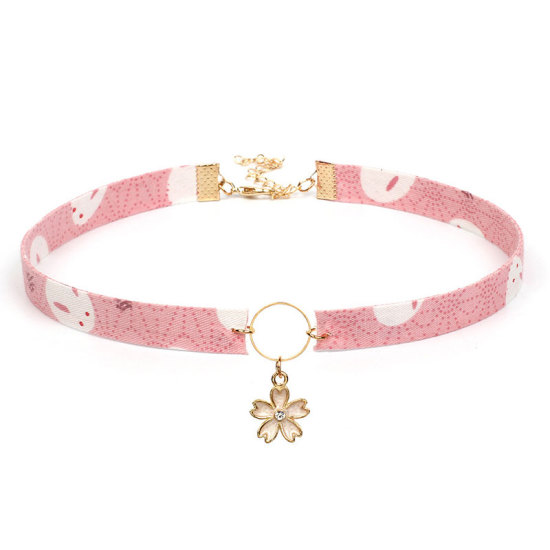 Picture of Fabric Japanese Style Choker Necklace Pink Rabbit Animal Sakura Flower 30cm(11 6/8") long, 1 Piece