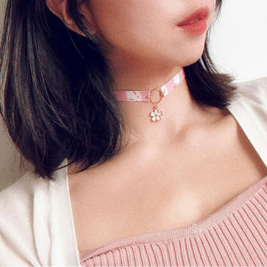 Picture of Fabric Japanese Style Choker Necklace Pink Rabbit Animal Sakura Flower 30cm(11 6/8") long, 1 Piece