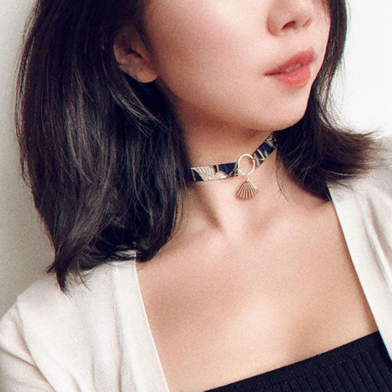 Picture of Fabric Japanese Style Choker Necklace Black Fan Crane 30cm(11 6/8") long, 1 Piece