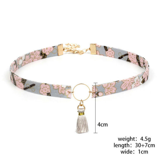 Picture of Fabric Japanese Style Choker Necklace Black Fan Crane 30cm(11 6/8") long, 1 Piece