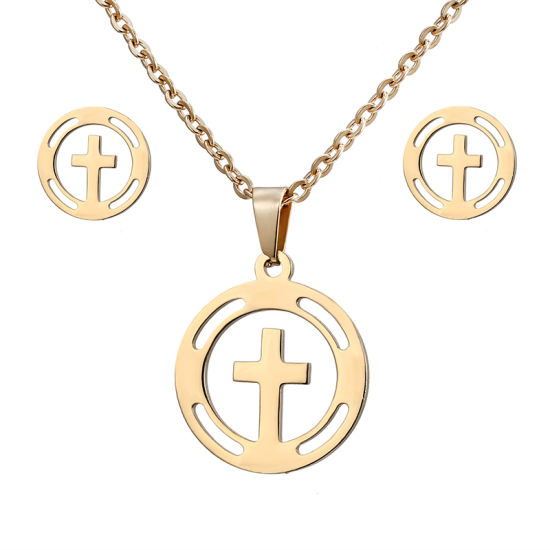 Picture of Stainless Steel Jewelry Necklace Earrings Set Gold Plated Cross Round 44cm(17 3/8") long, 1cm( 3/8") x 1cm(3/8"), 1 Set