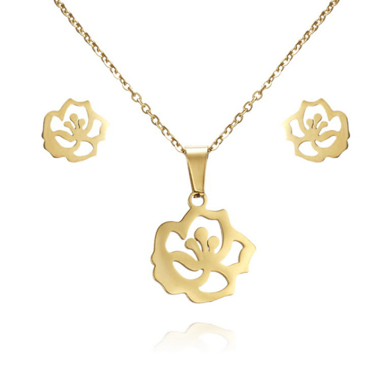 Picture of Stainless Steel Jewelry Necklace Earrings Set Gold Plated Rose Flower 45cm(17 6/8") long, 1cm( 3/8") x 1cm(3/8"), 1 Set