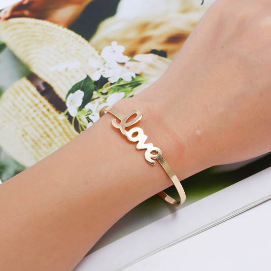 Picture of Brass Open Cuff Bangles Bracelets Gold Plated Message " LOVE " 6cm(2 3/8") Dia., 1 Piece                                                                                                                                                                      