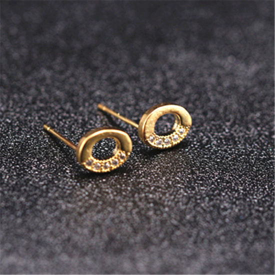 Picture of Brass Ear Post Stud Earrings Gold Plated Capital Alphabet/ Letter Message " O " Clear Cubic Zirconia 10mm x 8mm, 1 Pair                                                                                                                                       