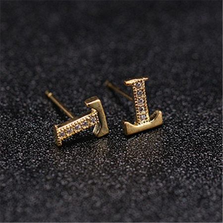 Picture of Brass Ear Post Stud Earrings Gold Plated Capital Alphabet/ Letter Message " T " Clear Cubic Zirconia 10mm x 8mm, 1 Pair