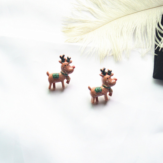 Picture of Resin Ear Post Stud Earrings Brown Christmas Reindeer 25mm(1"), 1 Pair