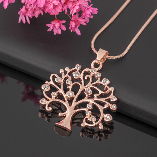 Picture of Lampwork Glass Necklace Rose Gold Tree of Life Clear Rhinestone 46.5cm(18 2/8") long, 1 Piece