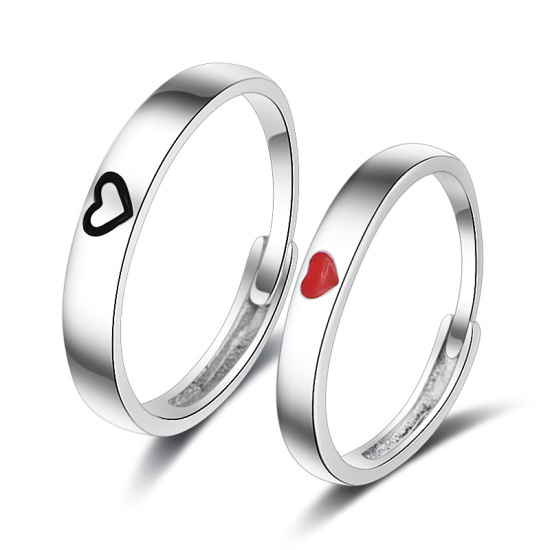 Изображение Кольца Матовое Серебро Черный & Красный Сердце 1 Пара ( 2 ШТ/Комплект)