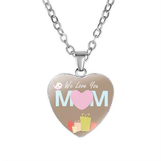 Picture of Lampwork Glass Necklace Silver Tone Light Coffee Heart Initial Alphabet/ Capital Letter Message " Mom " 45cm(17 6/8") long, 1 Piece
