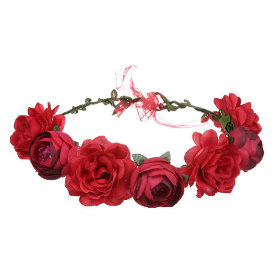 Picture of Faux Silk Pastoral Style Garland Headdress Red Rose Flower 18cm Dia., 1 Piece