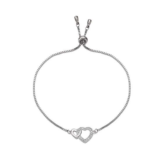 Imagen de Acero Inoxidable Ajustable Slider/ Slide Pulsera Tono de Plata Corazón Transparente Rhinestone 6cm Diámetro, 1 Unidad