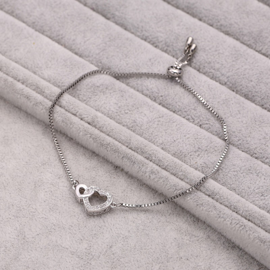 Imagen de Acero Inoxidable Ajustable Slider/ Slide Pulsera Tono de Plata Corazón Transparente Rhinestone 6cm Diámetro, 1 Unidad
