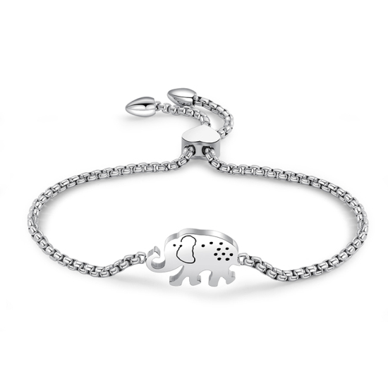 Picture of Stainless Steel Adjustable Slider/ Slide Bolo Bracelets Silver Tone Elephant Animal 24cm(9 4/8") long, 1 Piece