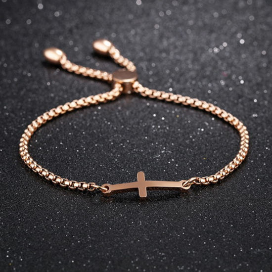 Picture of Stainless Steel Adjustable Slider/ Slide Bolo Bracelets Rose Gold Cross 25cm(9 7/8") long, 1 Piece