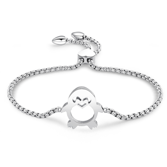 Image de Bracelet Bolo Réglable Nœud Glissé en Acier Inoxydable Argent Mat Pingouin Animal 24cm long, 1 Pièce