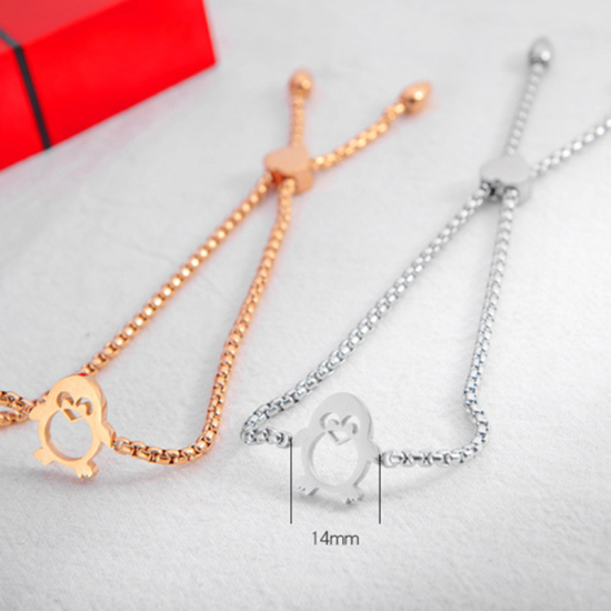 Image de Bracelet Bolo Réglable Nœud Glissé en Acier Inoxydable Argent Mat Pingouin Animal 24cm long, 1 Pièce