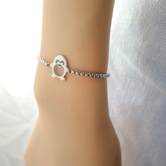 Image de Bracelet Bolo Réglable Nœud Glissé en Acier Inoxydable Argent Mat Pingouin Animal 24cm long, 1 Pièce