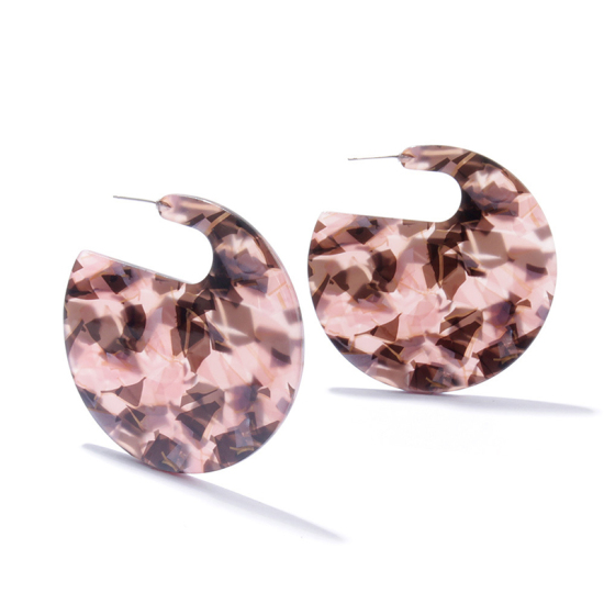 Picture of Acetic Acid Resin Acetimar Marble Earrings Pink Round 4.8cm(1 7/8") x 4.8cm(1 7/8"), 1 Pair