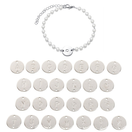 Picture of Bracelets Silver Tone Round Initial Alphabet/ Capital Letter Message " V " Imitation Pearl 15cm(5 7/8") long, 1 Piece