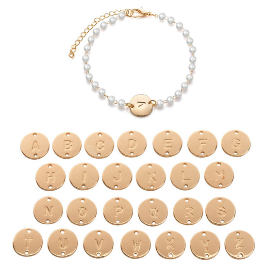 Image de Bracelets Plaqué Or KC Rond Alphabet Initial/ Lettre Majuscule Gravé Mots " I" Imitation Perles 15cm long, 1 Pièce