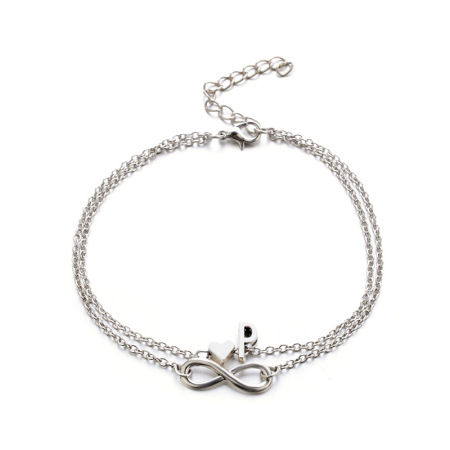 Picture of Bracelets Silver Tone Infinity Symbol Initial Alphabet/ Capital Letter Message " P " 21cm(8 2/8") long, 1 Piece
