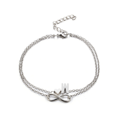 Picture of Bracelets Silver Tone Infinity Symbol Initial Alphabet/ Capital Letter Message " W " 21cm(8 2/8") long, 1 Piece