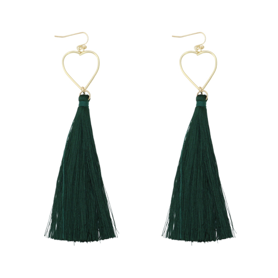 Picture of Tassel Earrings Gold Plated Green Heart 13cm(5 1/8") x 2.5cm(1"), 1 Pair