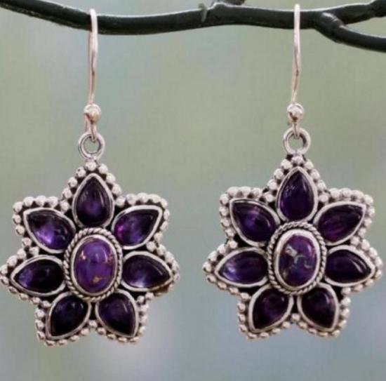 Picture of Vintage Retro Earrings Antique Silver Color Purple Flower Imitation Crystal 4cm x 2.6cm, 1 Pair