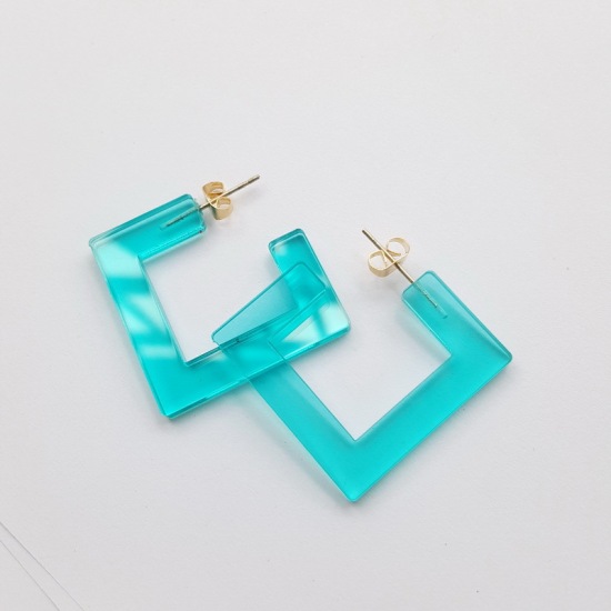 Picture of Acrylic Earrings Blue Transparent Square 30mm(1 1/8") x 30mm, 1 Pair