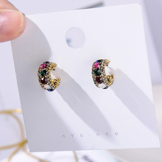 Picture of Hoop Earrings Gold Plated Round Multicolor Rhinestone 11mm( 3/8") Dia, 1 Pair