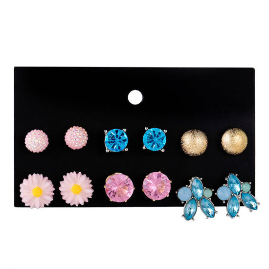 Picture of Resin Ear Post Stud Earrings Daisy Flower Round Mixed Color Rhinestone 1 Set ( 6 Pairs/Set)