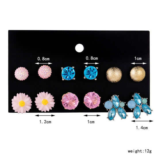 Picture of Resin Ear Post Stud Earrings Daisy Flower Round Mixed Color Rhinestone 1 Set ( 6 Pairs/Set)