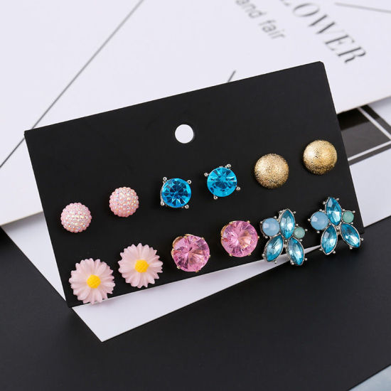 Picture of Resin Ear Post Stud Earrings Daisy Flower Round Mixed Color Rhinestone 1 Set ( 6 Pairs/Set)