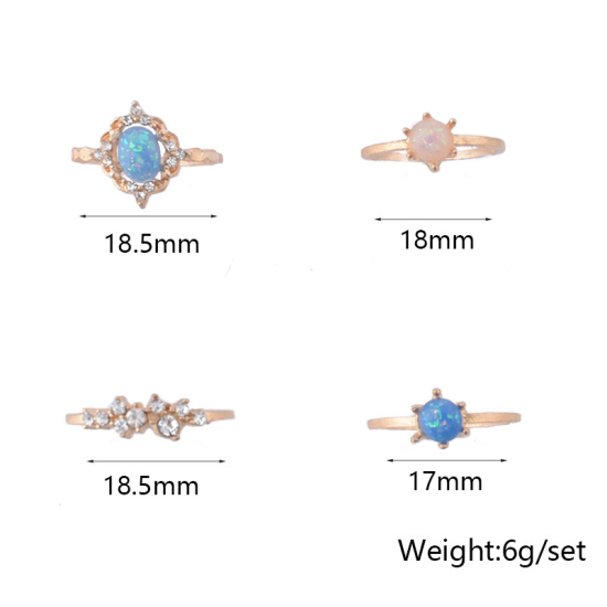 Picture of Rings Light Golden Blue Round Clear Rhinestone 18.5mm(US size 8.5) - 17mm(US Size 6.5), 1 Set ( 4 PCs/Set)