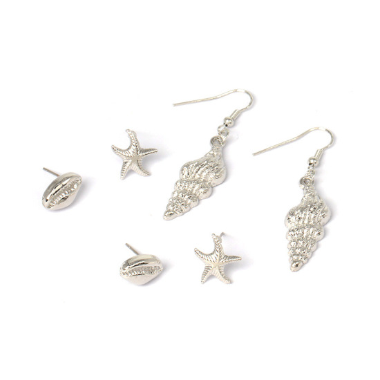 Picture of Earrings Silver Tone Shell Star Fish 1 Set ( 3 Pairs/Set)