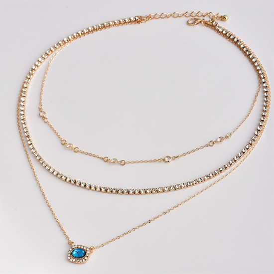 Picture of Multilayer Layered Necklace Gold Plated Blue Rectangle Clear Rhinestone 1 Piece