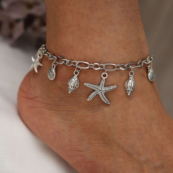 Picture of Ocean Jewelry Anklet Antique Silver Color Star Fish Conch Sea Snail 20cm(7 7/8") long, 1 Piece