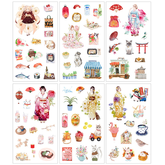 Picture of Paper Japanese Style DIY Scrapbook Deco Stickers Multicolor Girl 16cm x 9cm, 1 Set ( 6 PCs/Set)