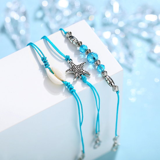 Picture of Cotton Ocean Jewelry Anklet Blue Star Fish Shell 21cm(8 2/8") long - 18.5cm(7 2/8") long , 1 Set ( 3 PCs/Set)
