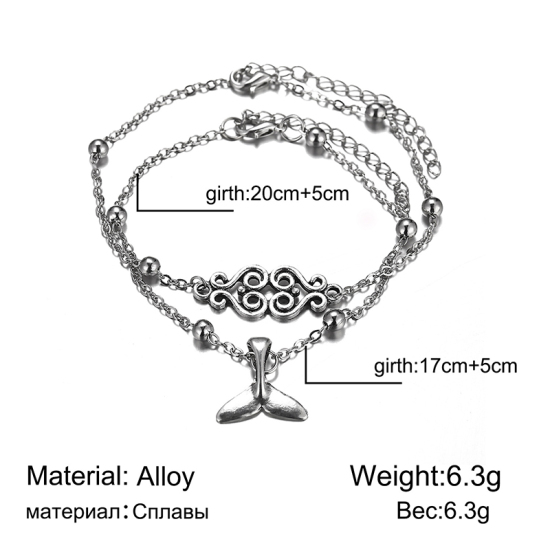 Picture of Ocean Jewelry Anklet Silver Tone Fishtail 20cm(7 7/8") long 17cm(6 6/8") long, 1 Set ( 2 PCs/Set)