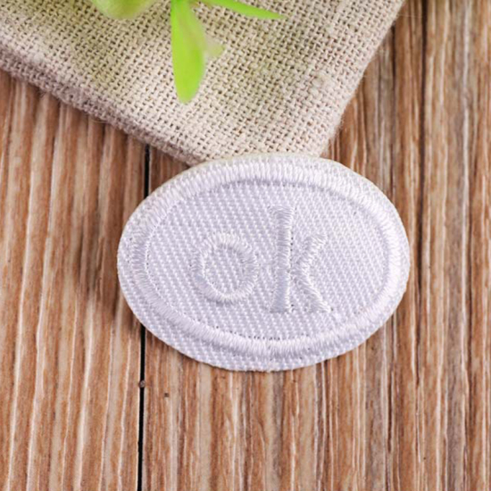 Picture of Nonwovens Embroidery Appliques Patches DIY Scrapbooking Craft White Oval Message " OK " 3.3cm x 2.4cm, 10 PCs